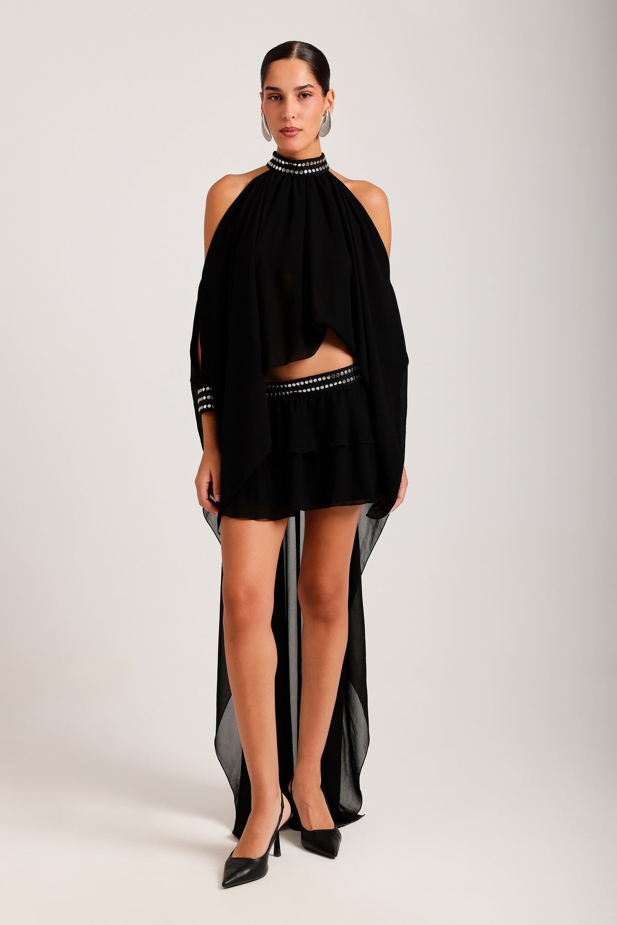 Black set — sheer cape and skirt, front