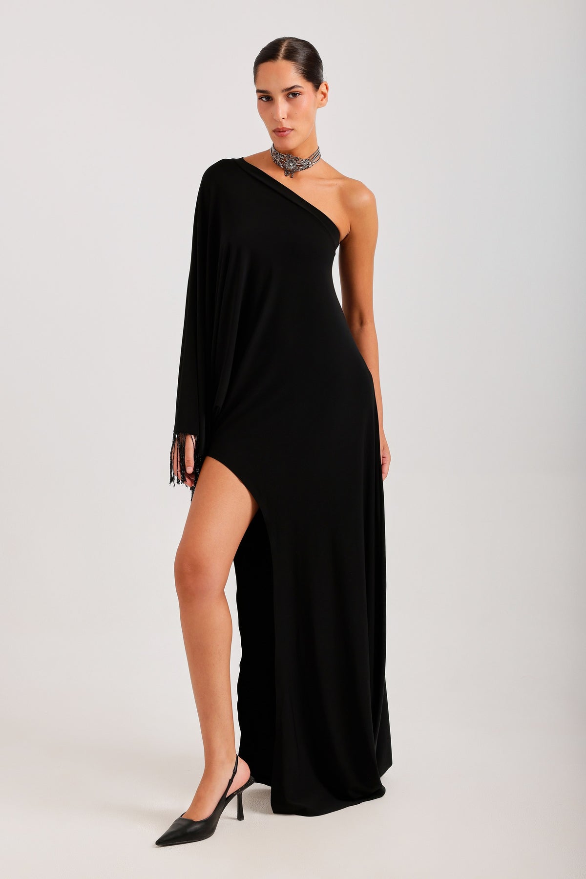 Dress — one-shoulder, front